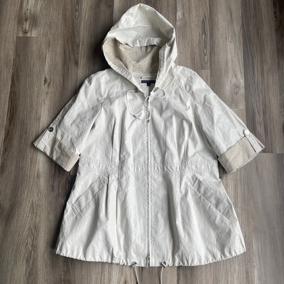Lafayette 148 Ivory Rain Coat Windbreaker Linen Lined Full‎ Zip Jacket sz 18